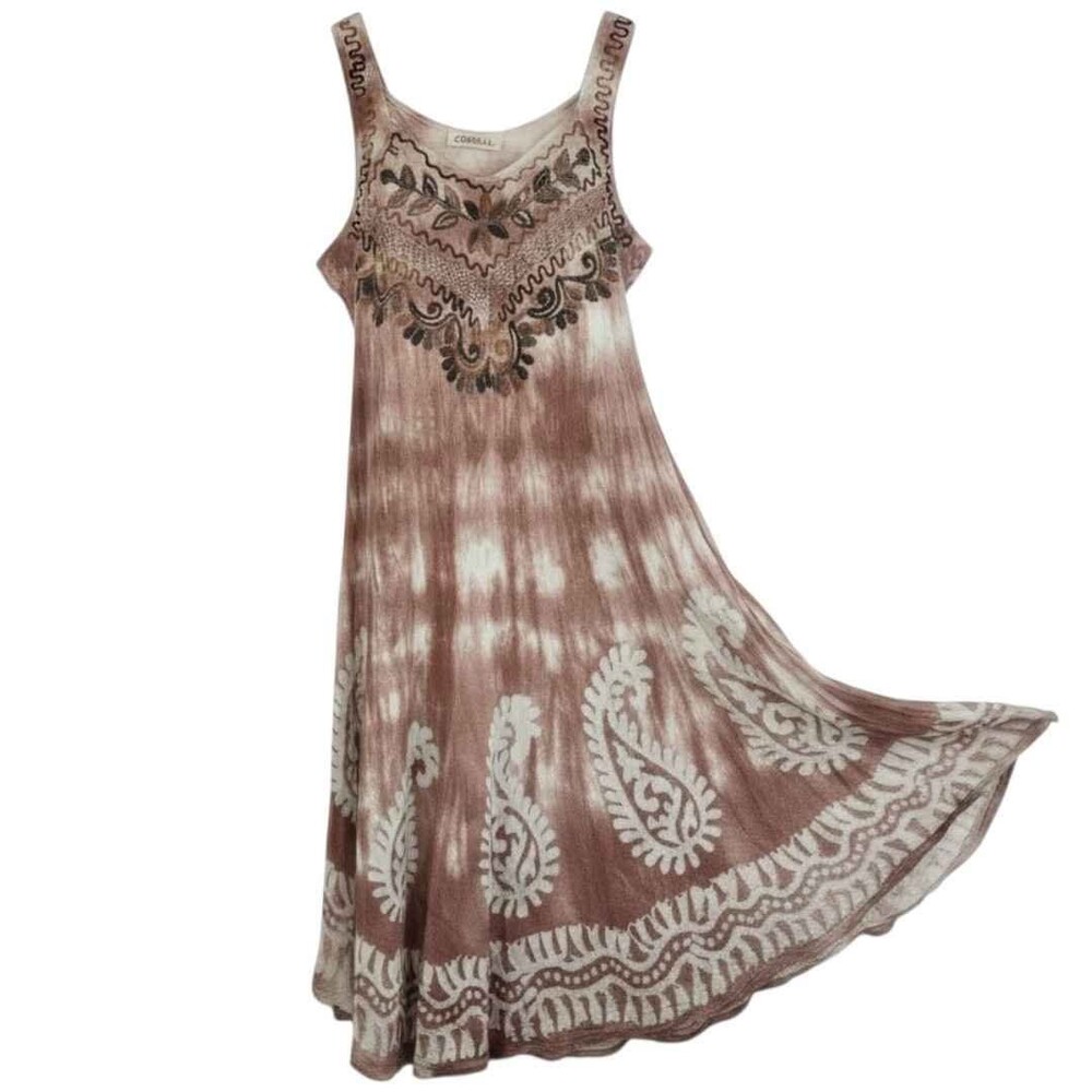 Boho Muave Paisley Tie-Dye Embroidered V-Neck Sleeveless Indian Dress One Size
